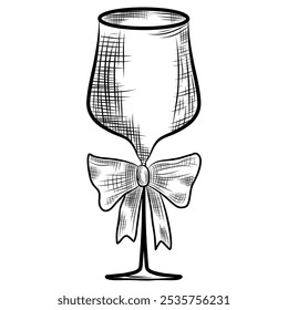 Wineglass e amarrado arco mão desenhado vetor ilustração, arco e vinho vidro gravura gráfica