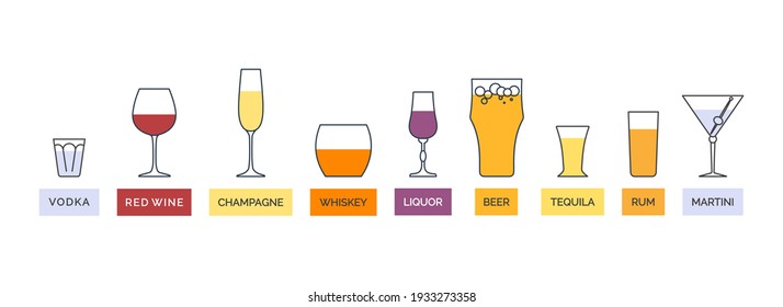 Wineglass vodka red wine champagne whiskey liquor beer tequila rum martini line art in flat style. Alcoholic illustration. Contour element. Beverage outline icon in row. Isolated on white background.
