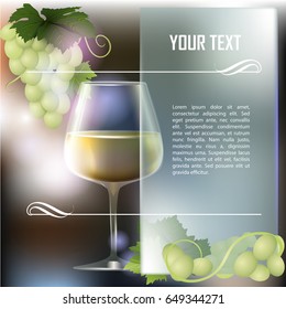 Wineglass of white wine, grapes and abstract background. Place for text. Vector illustration