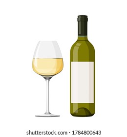 Wineglass with white wine vector illustration. Realistic glass with bottle.