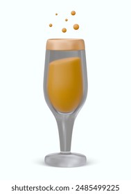 Wineglass with yellow carbonated drink. Realistic champagne glass