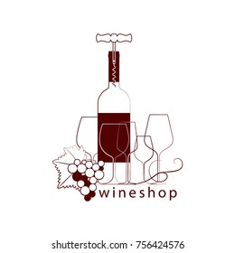 Wineglasses, a bottle, a bunch of grapes and a leaf. Vector illustration of restaurant menu, tasting, wine card, store. Line style.