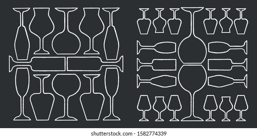 Wineglasses chalk icons set. Restaurant service. Alcohol bar. Port and madeira glasses. Alcoholic beverages glassware. Isolated vector chalkboard illustrations