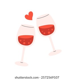 Wineglasses cheers. Two glasses of wine toasting. Love couple celebrating holiday, dating with alcohol drink. Vector illustration in flat style