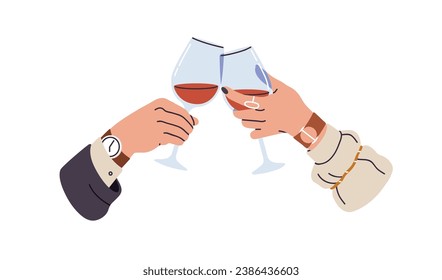 Saludos de los anteojos. Dos manos sujetando gafas de vino, pegando. Hombre y mujer, pareja de amor celebrando las vacaciones, saliendo con alcohol. Ilustración vectorial gráfica plana aislada en fondo blanco