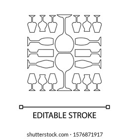 Wineglasses linear icon. Restaurant service. Alcohol bar. Port and madeira glasses. Wineglasses. Strong drinks. Thin line illustration. Contour symbol. Vector isolated outline drawing. Editable stroke