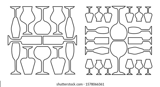 Wineglasses linear icons set. Restaurant service. Alcohol bar. Port and madeira glasses. Alcoholic beverages glassware. Thin line contour symbol. Isolated vector outline illustrations. Editable stroke
