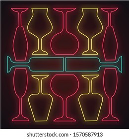 Wineglasses neon light icon. Restaurant service. Alcohol bar. Port and madeira glasses. Alcoholic beverages glassware. Glowing sign with alphabet, numbers and symbols. Vector isolated illustration