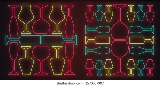 Wineglasses neon light icons set. Restaurant service. Alcohol bar. Port and madeira glasses. Alcoholic beverages glassware. Glowing signs. Vector isolated illustrations