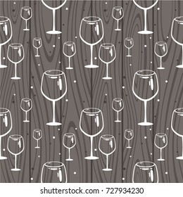 Wineglasses pattern on wood texture. Design for drink menu, invitation and wine tasting.