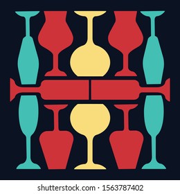 Wineglasses red, yellow and turquoise color icon. Restaurant service. Alcohol bar. Port and madeira glasses. Alcoholic beverage on dark blue background. Isolated vector illustration