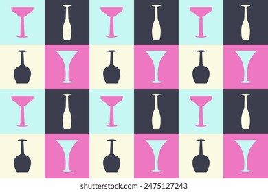 Wineglasses seamless pattern. Futuristic trendy minimalist design. Silhouettes of alcohol Drinks, cocktails, wine. Vector illustration  for wallpapers, textile, print, resturant, winery bar, party