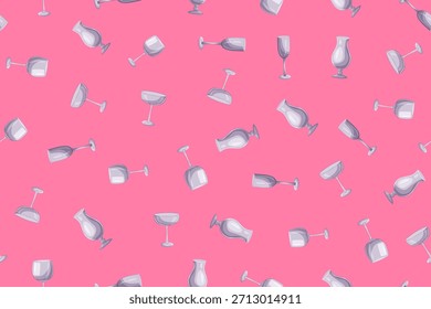 Weinglas nahtloses Muster auf rosafarbenem Hintergrund. Vektorgrafik-Set leerer Glaswaren: Cocktailcoupe, Weinglas, Champagnerflöte, Hurrikan-Glas. Cartoon minimalistische Illustration für Getränke Menüs und Bar Designs.