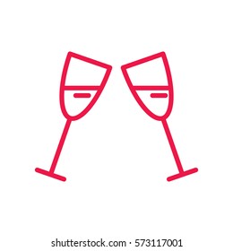 wineglasses thin line red icon on white background, happy valentine day