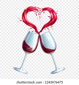 Wineglasses toasting with heart shape splash. Valentines day holiday romantic concept. Elegant dating invitation design. Realistic splashing glasses with red wine. Vector illustration on transparent
