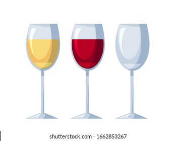 Wineglasses with white, red wine and empty one set isolated on light background. Winery degustation testing. Waiter and sommelier service. Design for bar, restaurant, winecellar. Vector illustration