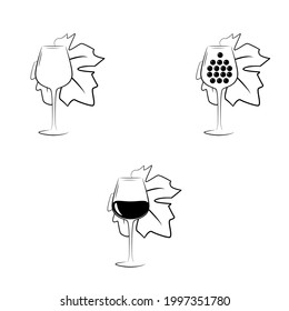 Wineglasses and  wine leaf  symbols set