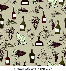Wine&grape seamless pattern. Wine making products in sketch style. Vector illustration with wine, grapes, grape twig. Classical alcoholic drink. wine design elements.