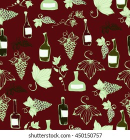 Wine&grape seamless pattern. Wine making products in sketch style. Vector illustration with wine, grapes, grape twig. Classical alcoholic drink. wine design elements.