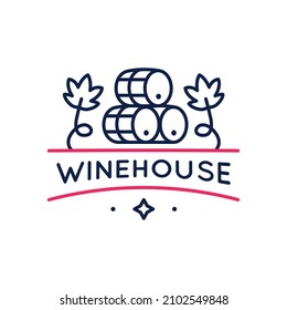 Winehouse logo, icon. Wooden wine cask or barrel with grape leaves designed for vineyards, wineries, wine shops and stores. Vector illustration