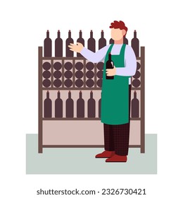 Winemaker in apron holding bottle and talking. Production wine from natural ingredients. Concept of wine production. Time for making organic wine. Vector flat illustration in brown and green colors