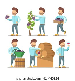 Winemaker Cartoon with Grapes and Wine. Vector character illustration