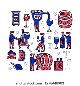 Winemaker character collection. Man with wine bottle, wineglass, barrel. Wine shop concept. Hand drawn vector illustration on white background