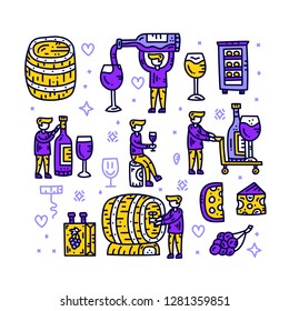 Winemaker character set. Man with wine bottle, wineglass, barrel. Wine shop concept. Hand drawn vector illustration on white background