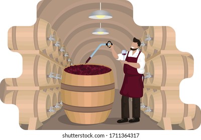 Winemaker kontrolliert den Wein während der Gärung in großen Holzbehältern im Weinkeller mit Eichenfässern. Weinbereitung: Teig, Mazeration. Handwerkliche traditionelle Weinherstellung. Cartoon-Vektorillustration-Illustration