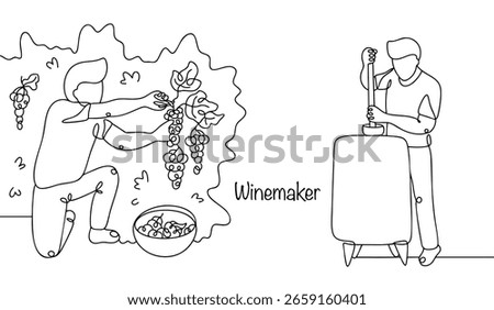 Winemaker harvesting grapes and making wine. Drawn winemaker stirring wine raw materials in a fermentation tank. Drawn by urka process of making wine. Isolated vector on white background.