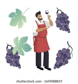 Winemaker is holding glass of red wine. Sommelier is testing drink. Vine, leaves and a bunch of black berries. Flat vector illustration. Winemaking, vinification. Set of isolated cartoon objects