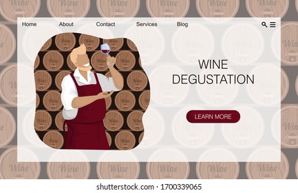 Winemaker is holding glass of  wine and checks in cellar. Sommelier is testing drink. Wine producer checks wine quality. Oak barrels are arranged in order. Vector website landing page design template