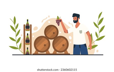 Winemaker holding grape, standing near barrels of wine. Young people dealing with winemaking process. Vector flat illustration in cartoon style in blue and red colors