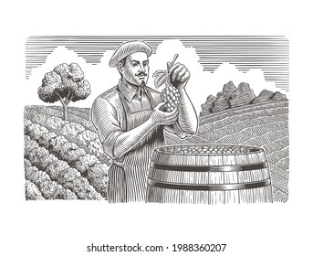 Productor de vientos con uvas. Barril de madera, paisaje vitícola. Industria De La Producción De Vino Tradicional. Ilustración vectorial de estilo de grabado.