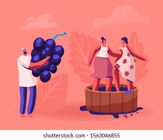 Winemaker Holding Huge Freshly Picked Up Wine Grapes, Harvesting on Vineyard. Happy Smiling Women Stomping Grape in Wooden Barrel. Winemaking Process, Harvest Festival. Flat Vector Illustration