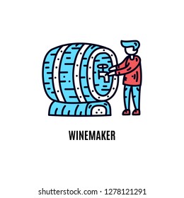 Winemaker icon. Colored hand drawn vector illustration. Man with barrel
