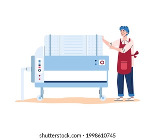 Winemaker man cartoon character next to industrial equipment for grape juice fermentation, flat vector illustration isolated on white background. Wine production stage.