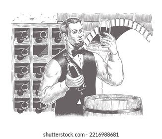 Winemaker or sommelier degusting red wine in wine cellar, holding wine glass and bottle. Enology concept. Traditional wine aging. Engraving style vector illustration. Good for label design.