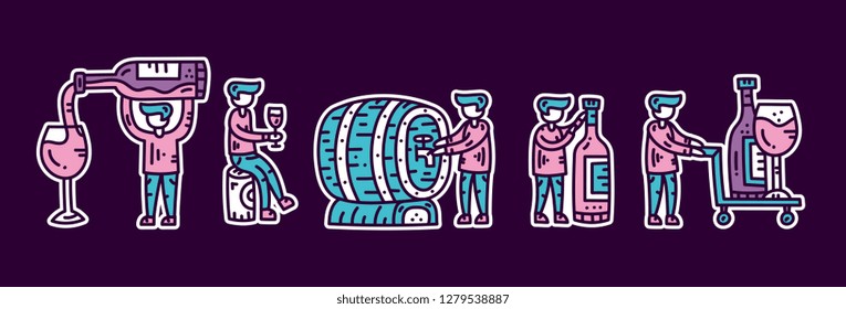 Winemaker sticker pack. Man with wine bottle, wineglass, barrel. Wine shop concept. Hand drawn vector illustration