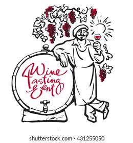 Winemaker tasting red wine in glass smiling leaning on barrel in vineyard Hand drawn sketch vector Design for wine tasting events invitation for wine festivals party restaurant bar wine list menu card