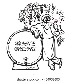 Winemaker tasting red wine in glass, smiling, leaning on barrel in vineyard Hand drawn sketch vector Design for wine menu. invitation for wine tasting party, restaurant menu, wine list, wine card, bar