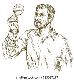 Winemaker tasting wine. Hand drawn illustration.