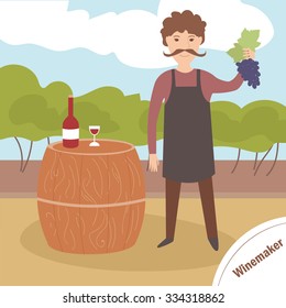 Winemaker with vines in hand. Vector isolated illustration. Cartoon character