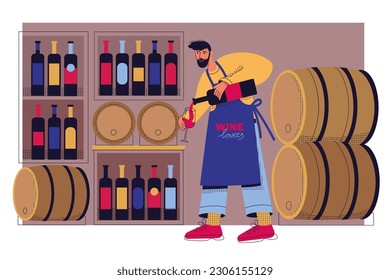 Winemaker with wine glass and bottle. Wine cellar. Restaurant worker. Vector illustration