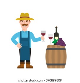 winemaker with wine glass wooden wine barrel wine bottle grapes bunch isolated on white background