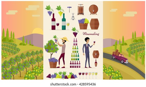 Winemaking design concept and icon set. Grape for wine, drink alcohol vine and glass bottle for winemaking, winery beverage barrel, viticulture production and preparation, vector illustration