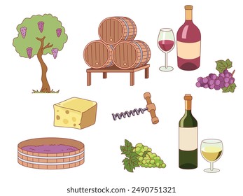 Winemaking elements. Fermented noble alcohol, settling in oak barrels, white and red grape, bottles, glasses and corkscrew, winery product making, cartoon flat isolated illustration, vector set