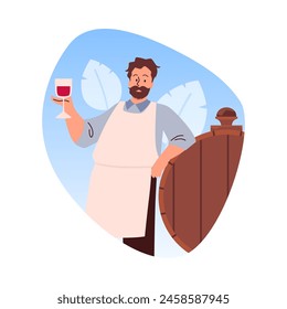 Experiencia en vinificación. Ilustración vectorial de un alegre vinatero con una copa de vino tinto, de pie junto a un barril de madera.