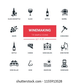 Winemaking - flat design style icons set. High quality black solid pictograms. Bottle and glass, barrel, grape, corkscrew, cheese, wine shelves, tester, cellar, nose grapevine winemaker