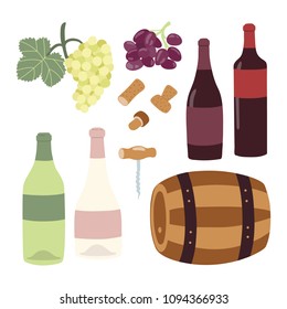 Winemaking hand drawing illustration set. Wine bottles, grape, barrel, cork, corkscrew. Vector clipart.